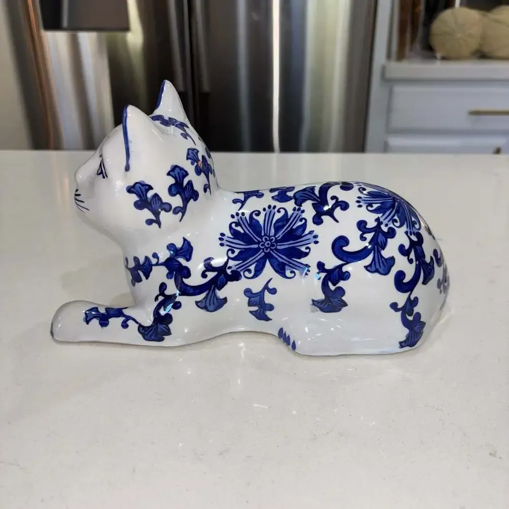 Vintage Blue and White Porcelain Chinoiserie Cat Figurine